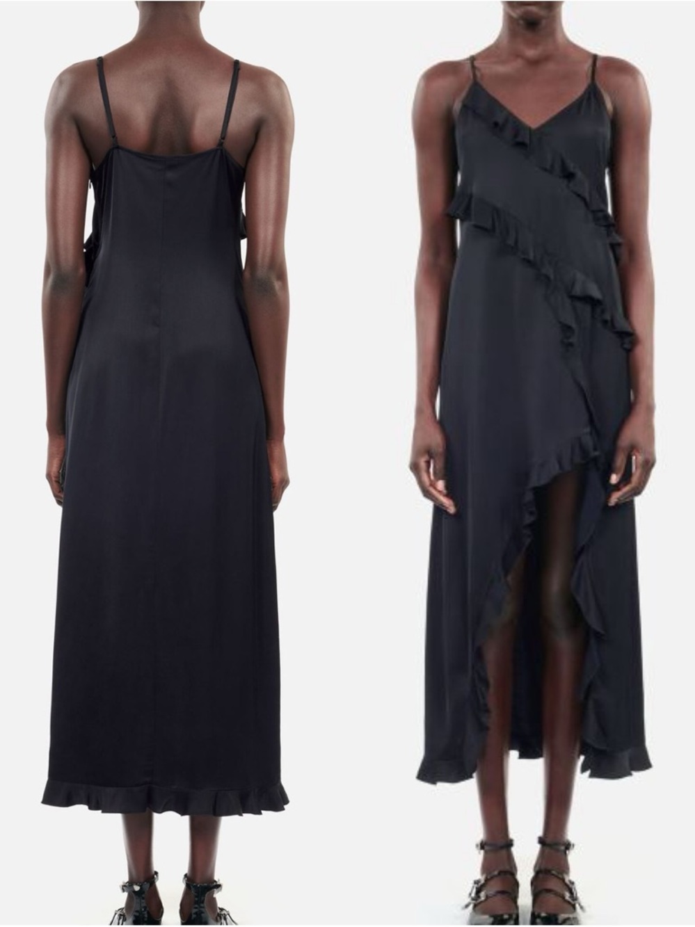 The Kooples Black Ruffle Midi Dress Asymmetrical Viscose Romantic Goth